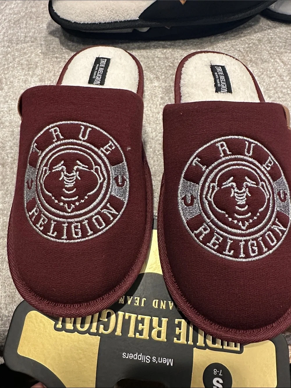 True Religion Burgundy Logo Embroidered Slip-On Slippers